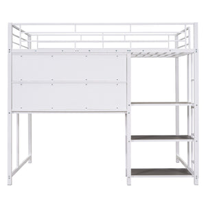 English Elm Full Full size metal loft bed with integrated desk, whiteboard and shelving for study space White SF000019AAK