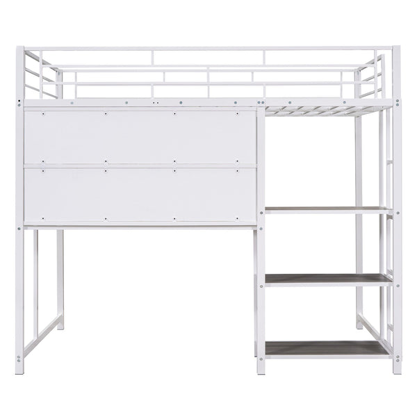English Elm Full Full size metal loft bed with integrated desk, whiteboard and shelving for study space White SF000019AAK
