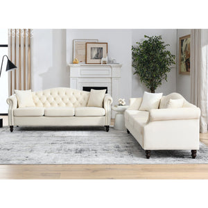English Elm 3-Seater 3-Seater Elegant Beige Velvet Combination Sofa For Stylish Living Rooms With Plush Comfort & Durability W834S00215