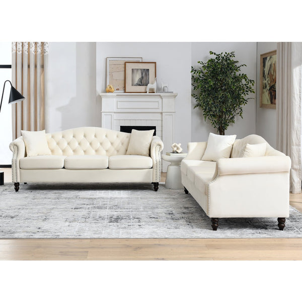 English Elm 3-Seater 3-Seater Elegant Beige Velvet Combination Sofa For Stylish Living Rooms With Plush Comfort & Durability W834S00215