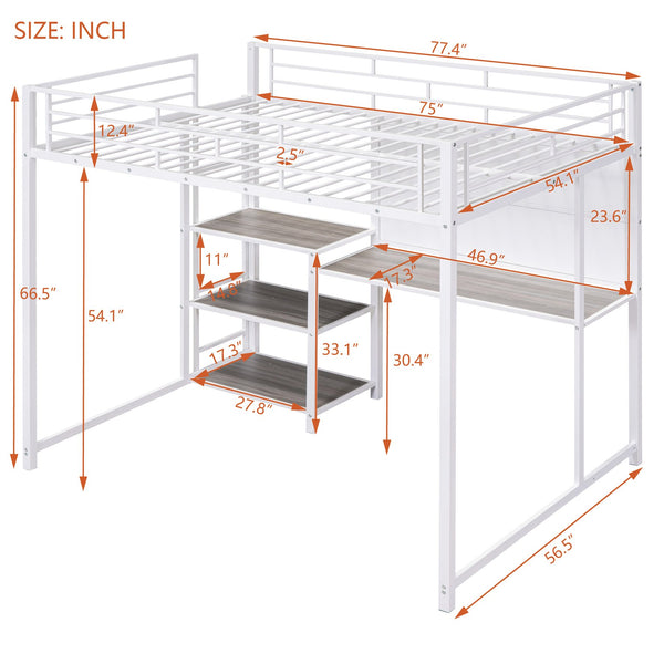 English Elm Full Full size metal loft bed with integrated desk, whiteboard and shelving for study space White SF000019AAK