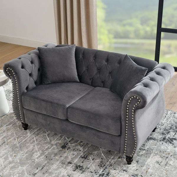 English Elm 58.8" Chesterfield Sofa Velvet 2-Seater Tufted Couch with Rolled Arms, Nailhead Trim, Solid Wood Feet Grey W834S00508