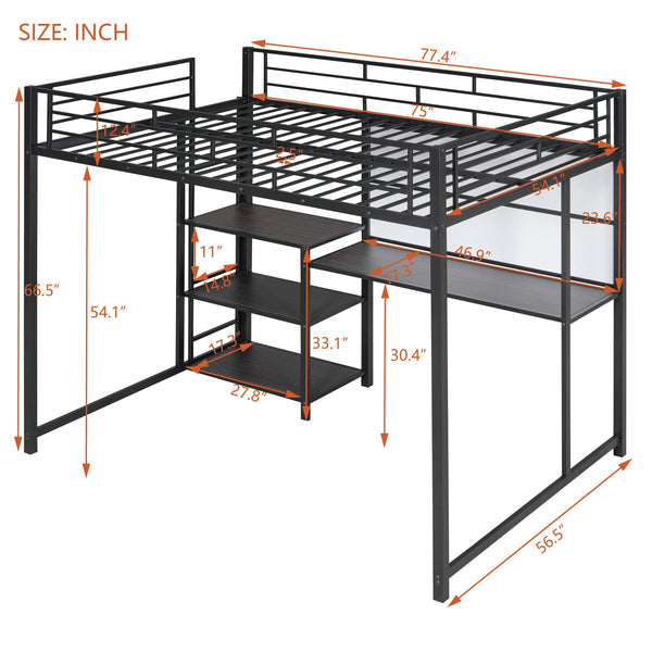 English Elm Full Full size metal loft bed with integrated desk, whiteboard and shelving for study space Black SF000019AAB