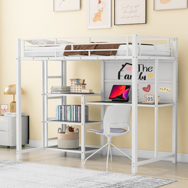 English Elm Twin Loft Bed with Integrated Desk, Shelves and Whiteboard – Sturdy Metal Frame, Space-Saving Design White SF000018AAK