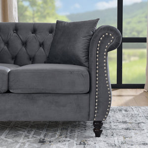 English Elm 58.8" Chesterfield Sofa Velvet 2-Seater Tufted Couch with Rolled Arms, Nailhead Trim, Solid Wood Feet Grey W834S00508