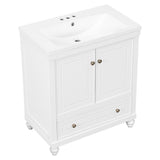 English Elm 30" Bathroom Vanity With Sink, Combo, Cabinet With Doors and Drawer, Solid Frame and Mdf Board, White