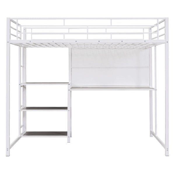 English Elm Full Full size metal loft bed with integrated desk, whiteboard and shelving for study space White SF000019AAK