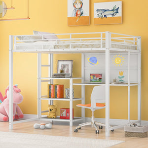 English Elm Full Full size metal loft bed with integrated desk, whiteboard and shelving for study space White SF000019AAK