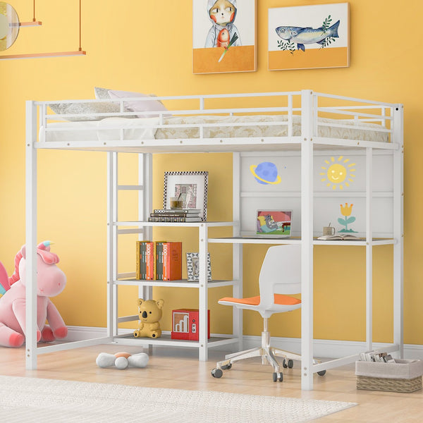 English Elm Full Full size metal loft bed with integrated desk, whiteboard and shelving for study space White SF000019AAK