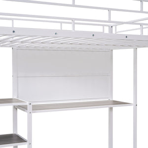 English Elm Full Full size metal loft bed with integrated desk, whiteboard and shelving for study space White SF000019AAK