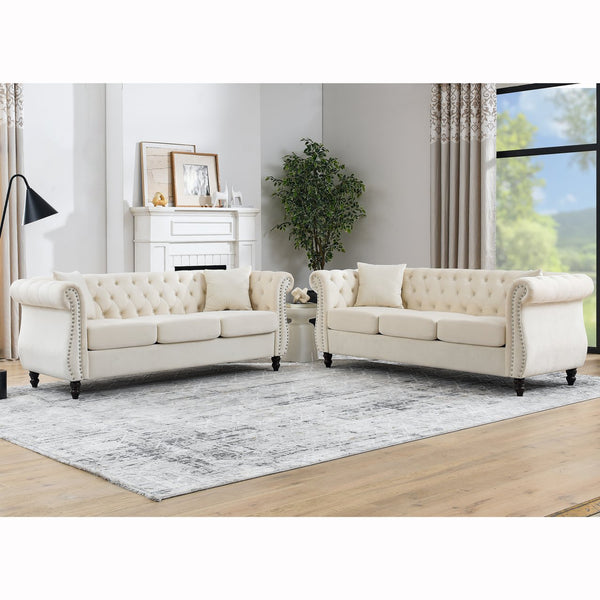 English Elm 3-Seater Elegant Beige Velvet Sofa Set | Versatile 3+3 Combination For Stylish Living Room Comfort W834S00212
