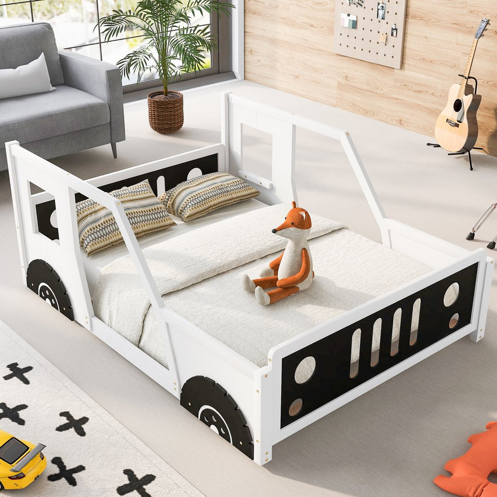 English Elm Full Full Size Classic Car-Shaped Platform Bed with Wheels – Sturdy Pine & MDF, Fun Headboard Design White WF306743AAK