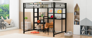 English Elm Full Full size metal loft bed with integrated desk, whiteboard and shelving for study space Black SF000019AAB