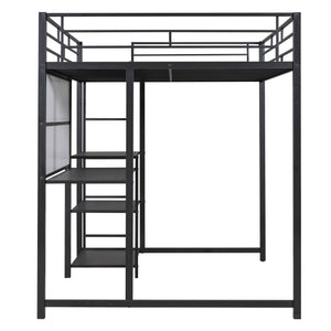English Elm Full Full size metal loft bed with integrated desk, whiteboard and shelving for study space Black SF000019AAB