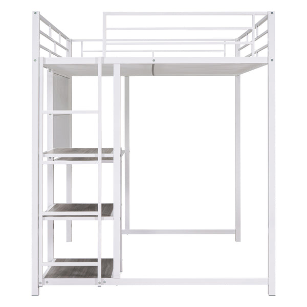 English Elm Full Full size metal loft bed with integrated desk, whiteboard and shelving for study space White SF000019AAK
