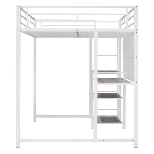 English Elm Full Full size metal loft bed with integrated desk, whiteboard and shelving for study space White SF000019AAK