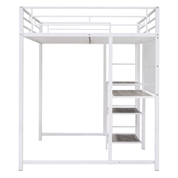 English Elm Full Full size metal loft bed with integrated desk, whiteboard and shelving for study space White SF000019AAK