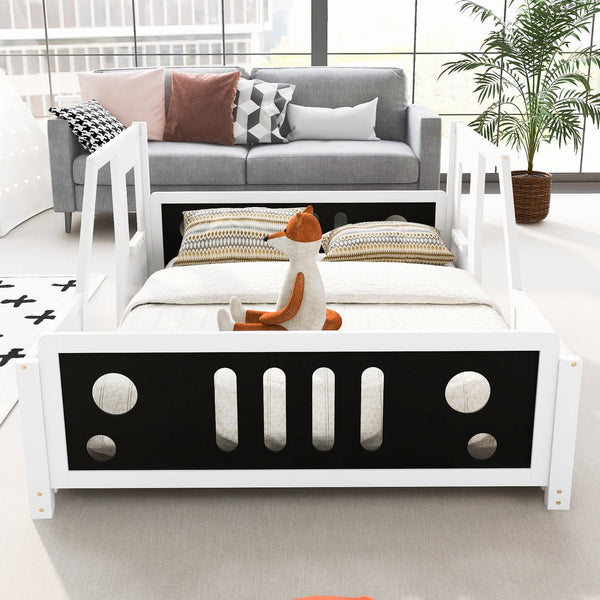 English Elm Full Full Size Classic Car-Shaped Platform Bed with Wheels – Sturdy Pine & MDF, Fun Headboard Design White WF306743AAK