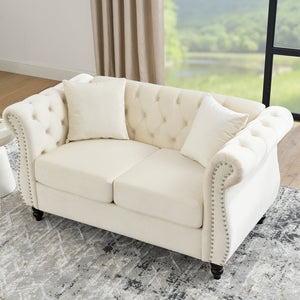 English Elm 58.8" Chesterfield Sofa Velvet 2-Seater Tufted Couch with Rolled Arms, Nailhead Trim, Plush Comfort Beige W834S00115