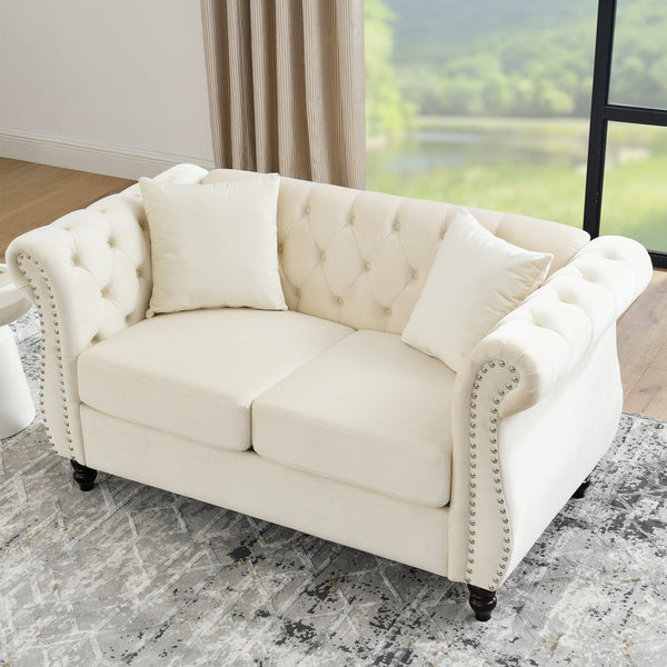 English Elm 58.8" Chesterfield Sofa Velvet 2-Seater Tufted Couch with Rolled Arms, Nailhead Trim, Plush Comfort Beige W834S00115