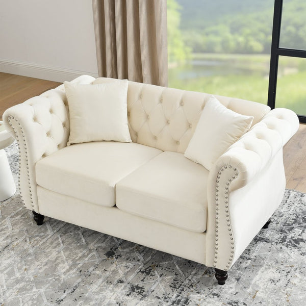 English Elm 58.8" Velvet Chesterfield Sofa Tufted Button Back Nailhead Trim Two Seat Beige W834S00575