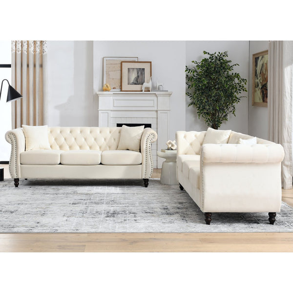 English Elm 3-Seater Elegant Beige Velvet Sofa Set | Versatile 3+3 Combination For Stylish Living Room Comfort W834S00212