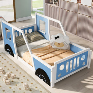 English Elm Twin Classic Car-Shaped Platform Bed with Wheels for Kids – Sturdy Pine/MDF, Fun Doors & Windows, 75"x38.6" Blue WF296353AAC