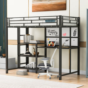 English Elm Twin Loft Bed with Integrated Desk, Shelves and Whiteboard – Sturdy Metal Frame, Space-Saving Design Black SF000018AAB