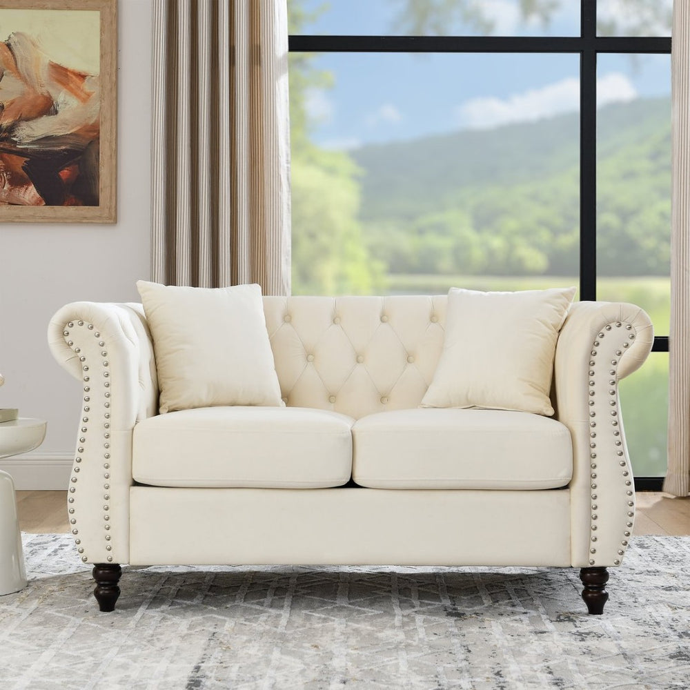 English Elm 58.8" Velvet Chesterfield Sofa Tufted Button Back Nailhead Trim Two Seat Beige W834S00575