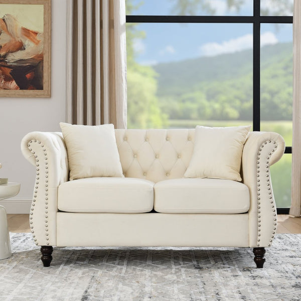 English Elm 58.8" Velvet Chesterfield Sofa Tufted Button Back Nailhead Trim Two Seat Beige W834S00575