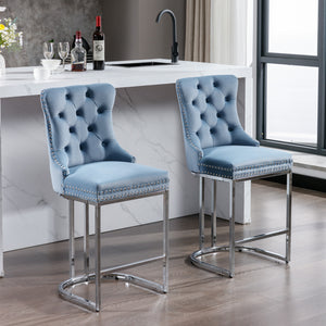 English Elm 26" High-Back Bar Stools Set of 2 with Deep Button Tufting, Plush Sponge & Spring Seats, Chrome Base Light Blue W1143112573