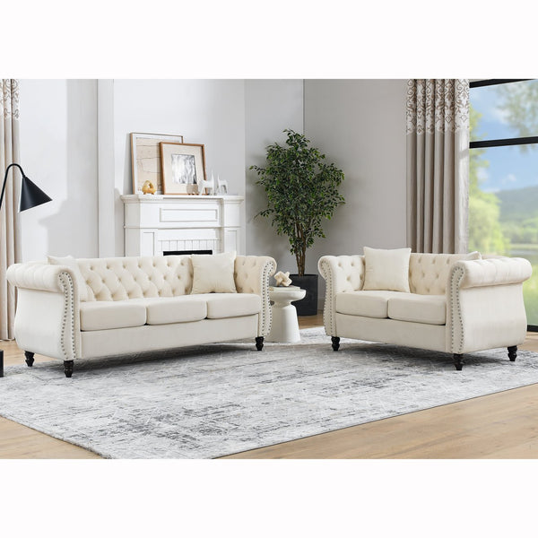 English Elm 3-Seater Combination Sofa Set In Luxurious Beige Velvet With 4 Pillows For Stylish Comfort W834S00401