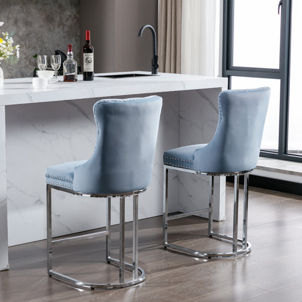 English Elm 26" High Back Velvet Bar Stools Set of 2 with Deep Tufting, Plush Sponge & Spring Seats, Chrome Base Light Blue W1143112573