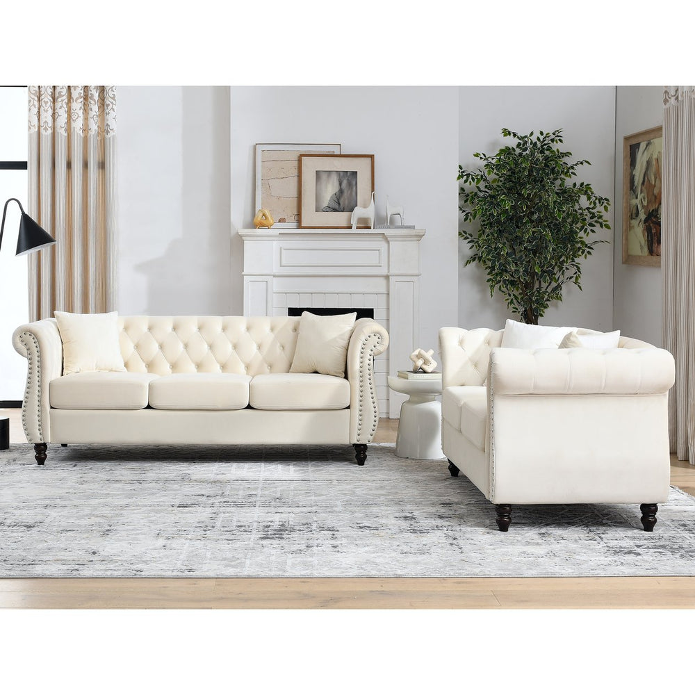 English Elm 3-Seater Combination Sofa Set In Luxurious Beige Velvet With 4 Pillows For Stylish Comfort W834S00401