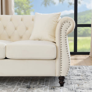 English Elm 58.8" Chesterfield Sofa Velvet 2-Seater Tufted Couch with Rolled Arms, Nailhead Trim, Plush Comfort Beige W834S00115