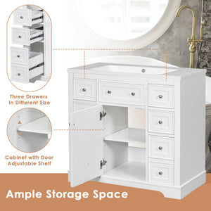 English Elm 36" Solid Wood Bathroom Vanity Base with 6 Drawers & 1 Door, Modern Freestanding Cabinet, Undermount-Compatible White WF306253AAK