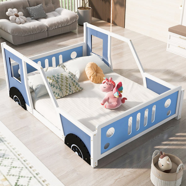 English Elm Full Full Size Classic Car-Shaped Platform Bed with Wheels – Sturdy Pine & MDF, Fun Headboard Design Blue WF306743AAC