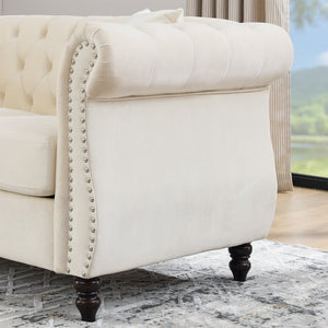 English Elm 58.8" Velvet Chesterfield Sofa Tufted Button Back Nailhead Trim Two Seat Beige W834S00575