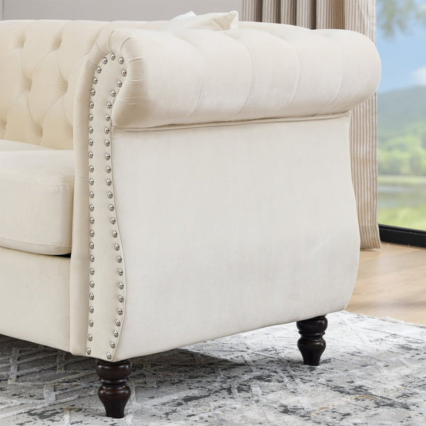 English Elm 58.8" Velvet Chesterfield Sofa Tufted Button Back Nailhead Trim Two Seat Beige W834S00575