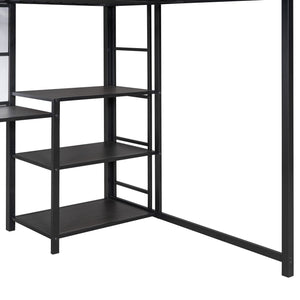 English Elm Full Full size metal loft bed with integrated desk, whiteboard and shelving for study space Black SF000019AAB