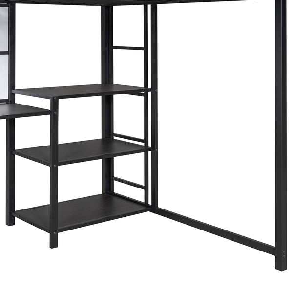 English Elm Full Full size metal loft bed with integrated desk, whiteboard and shelving for study space Black SF000019AAB