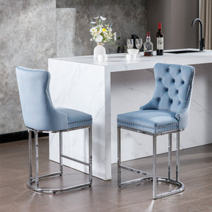 English Elm 26" High-Back Bar Stools Set of 2 with Deep Button Tufting, Plush Sponge & Spring Seats, Chrome Base Light Blue W1143112573