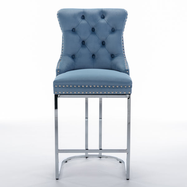 English Elm 26" High-Back Bar Stools Set of 2 with Deep Button Tufting, Plush Sponge & Spring Seats, Chrome Base Light Blue W1143112573