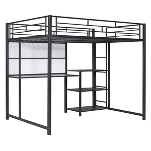 English Elm Full Full size metal loft bed with integrated desk, whiteboard and shelving for study space Black SF000019AAB