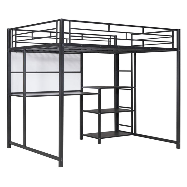 English Elm Full Full size metal loft bed with integrated desk, whiteboard and shelving for study space Black SF000019AAB