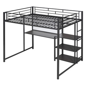 English Elm Full Full size metal loft bed with integrated desk, whiteboard and shelving for study space Black SF000019AAB