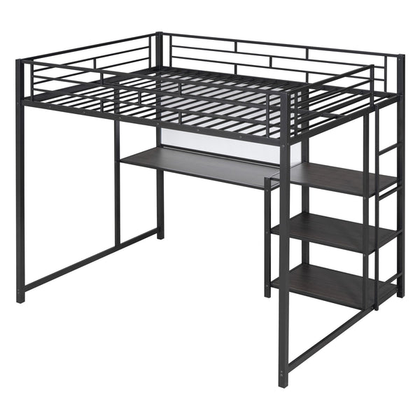 English Elm Full Full size metal loft bed with integrated desk, whiteboard and shelving for study space Black SF000019AAB