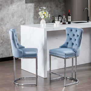 English Elm 26" High Back Velvet Bar Stools Set of 2 with Deep Tufting, Plush Sponge & Spring Seats, Chrome Base Light Blue W1143112573