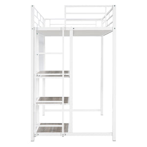 English Elm Twin Loft Bed with Integrated Desk, Shelves and Whiteboard – Sturdy Metal Frame, Space-Saving Design White SF000018AAK