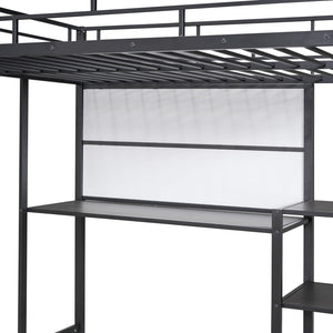 English Elm Full Full size metal loft bed with integrated desk, whiteboard and shelving for study space Black SF000019AAB
